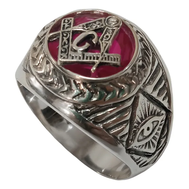 Anel Maçonaria Olho De Deus Prata 950 Rubi Sintético