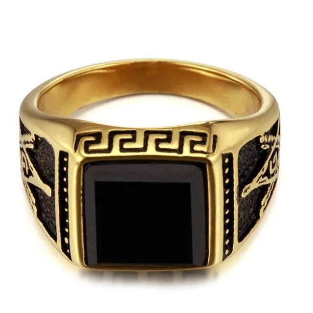 Anel Maçom Aço Com Pedra Ágata Banhado A Ouro 18k