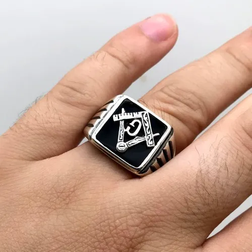 Anel Maçon Mestre Pedra Ônix Resina Prata 950 23542