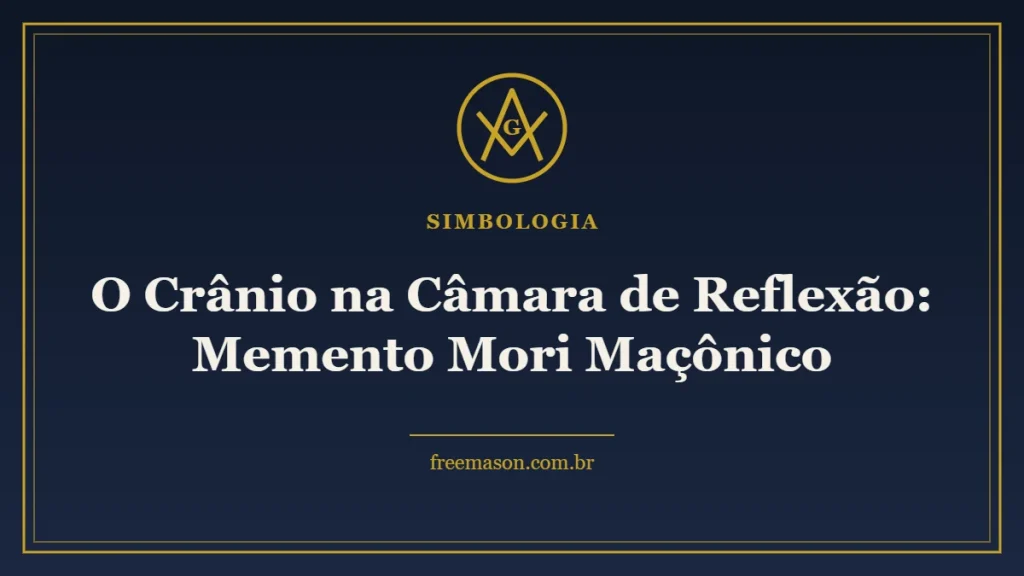 Crânio na câmara de reflexão - esquadro e compasso em fundo azul e dourado